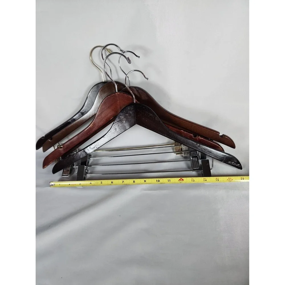 Lot of 5 Wooden Suit Hangers with Adjustable Clips For Pants Skirts Dark Wood
